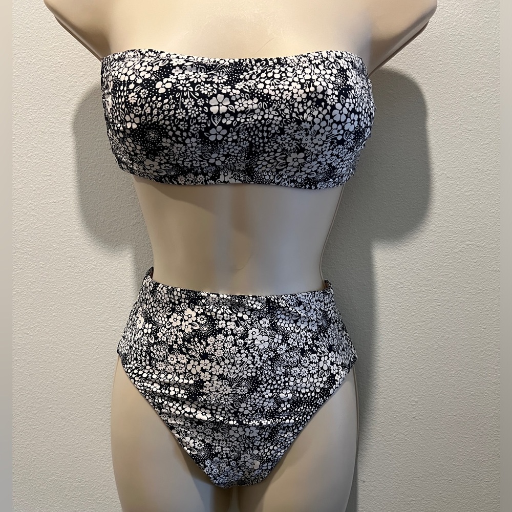 J. Crew Black/White Floral Bandeau Bikini, Top & Bottoms Swimsuit - Small